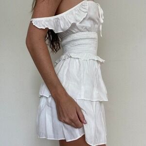2Bella White Ruffled Off Shoulder Smocked Mini Dress Small